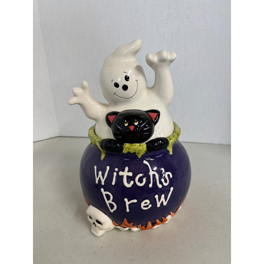 David's Cookies Halloween Ghost Black Cat Witch's Brew Cauldron Cookie Jar - Picture 1 of 7